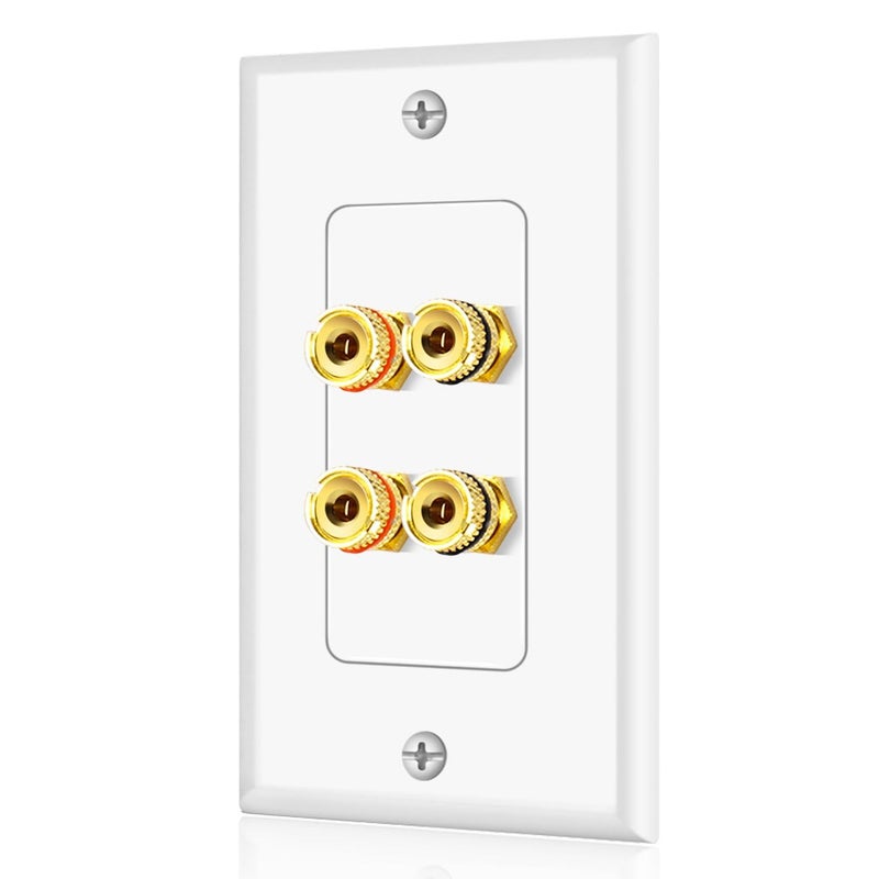 TNP Products TNP Home Theater Wall Plate - Banana Plug Wall Plate, 2 Speaker Wire with Gold-Plated Terminals, Single Gang Audio, In-Wall Surround Sound Connection Plates, White - Image 1